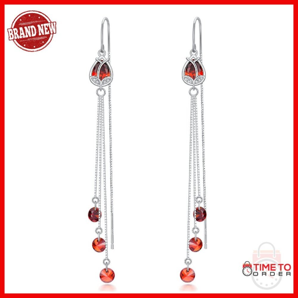 Sterling Silver Threader Drop Earrings with CZ Charms, 3.5" Dangle